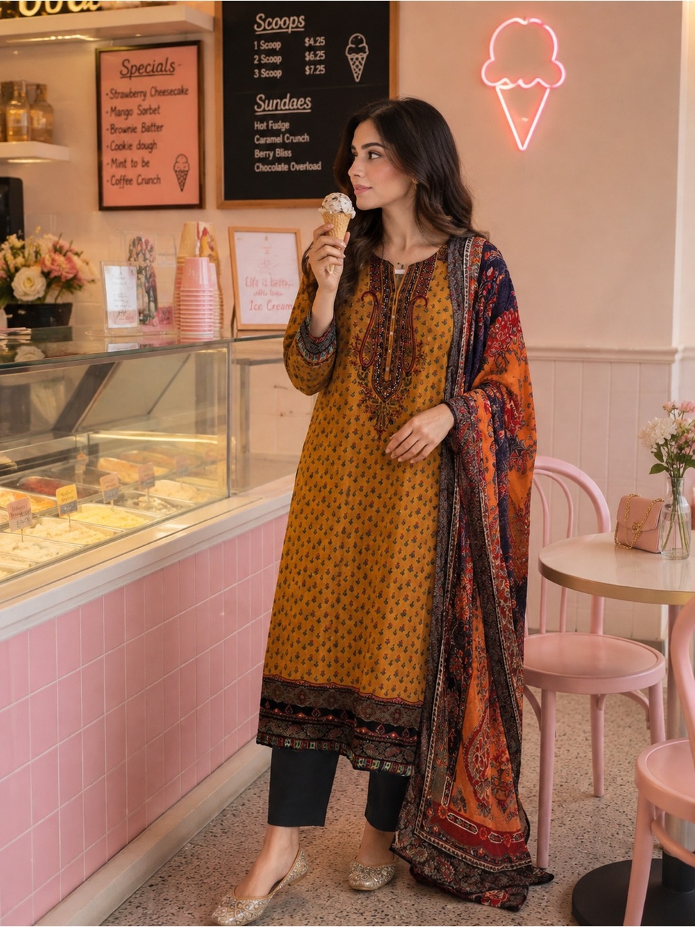 Women Kurta Bottoms - Mustard Printed Kurta with Black Pants